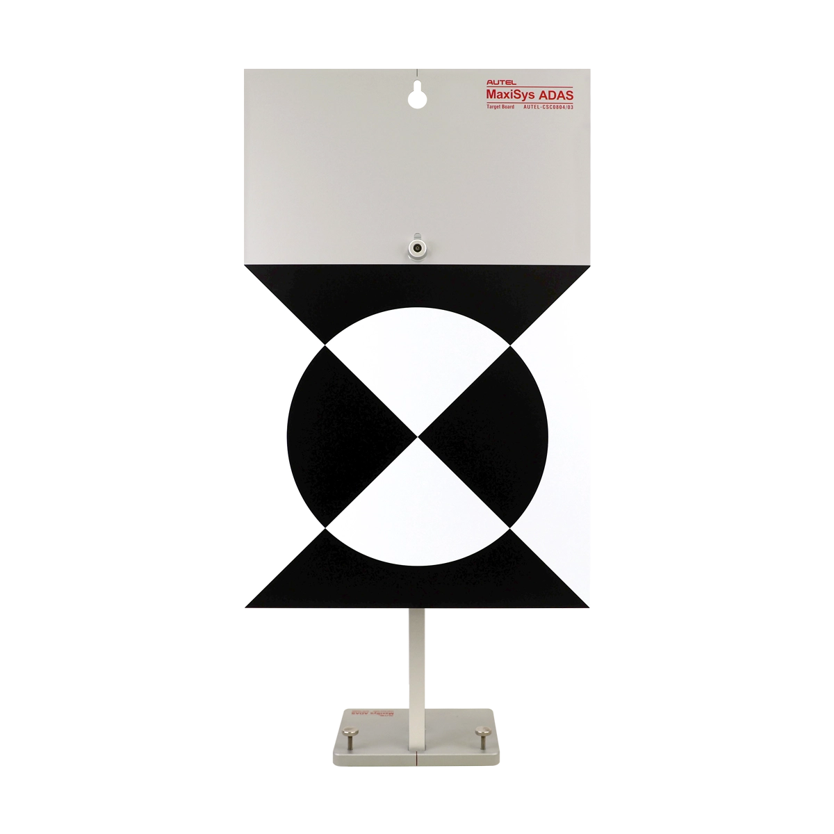 Black and white target-like object on a stand with 'MaxSys ADAS' branding.