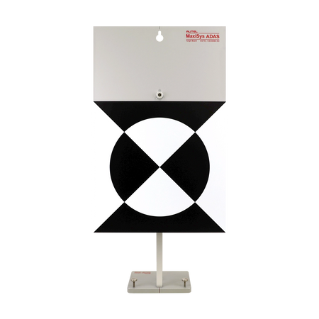 Black and white target-like object on a stand with 'MaxSys ADAS' branding.