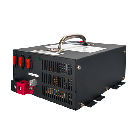 Black electronic power supply unit with red connectors on a white background for automotive and diesel technicians.