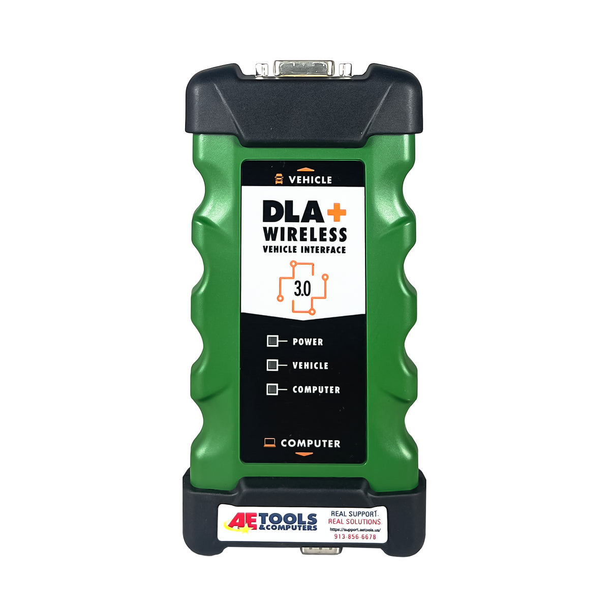 DLA+ Wireless Vehicle Interface showing indicator lights with the AE Tools logo below.
