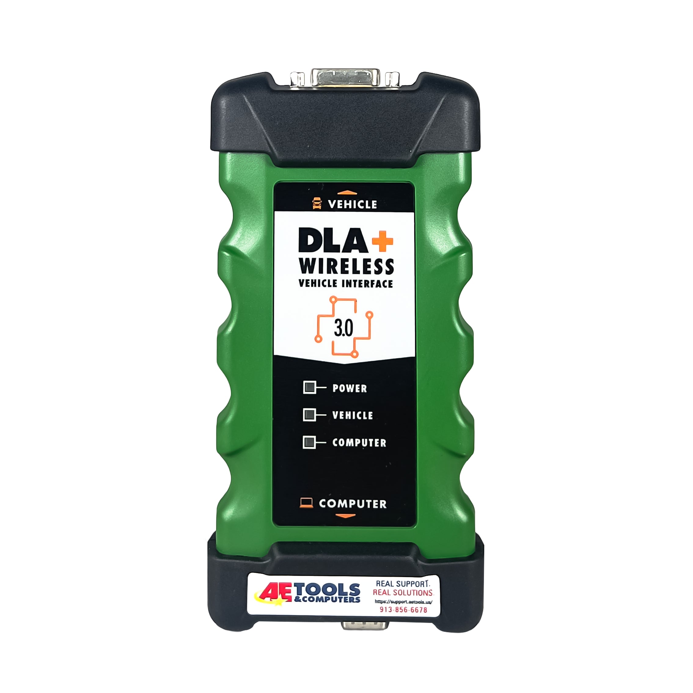 DLA+ Wireless Vehicle Interface showing indicator lights with the AE Tools logo below.