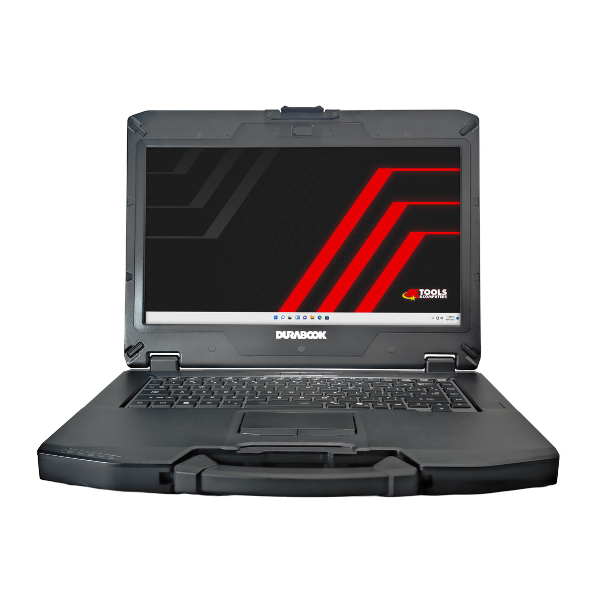 Rugged laptop with a black and red design on the screen, featuring Durabook branding.