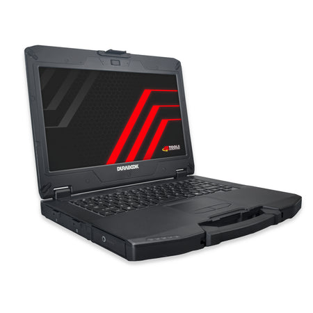 Black rugged Durabook laptop with red accents, showing the side where the primary battery is inserted.