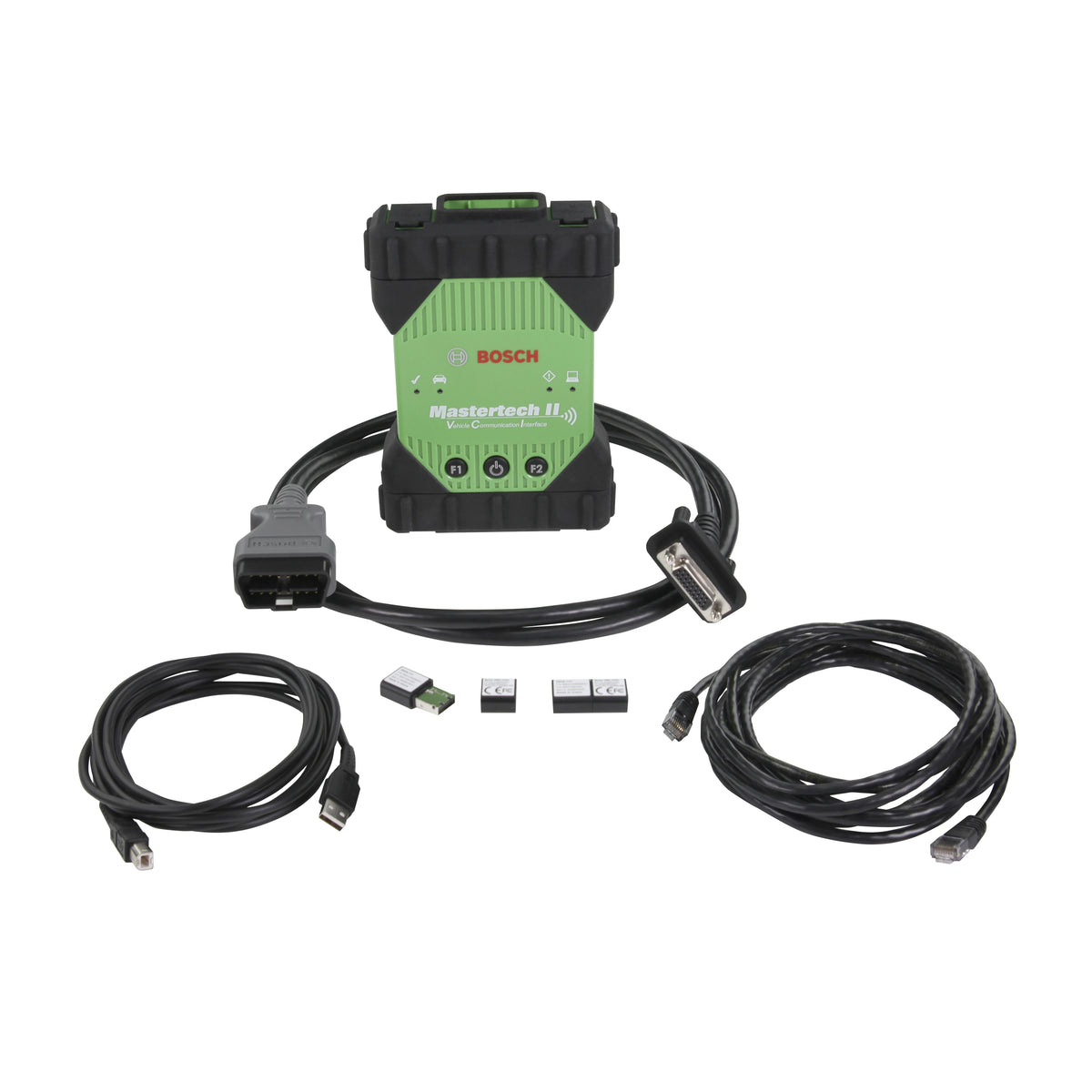 Bosch MasterTech II with cables, OBDII connector, and wireless adapter.