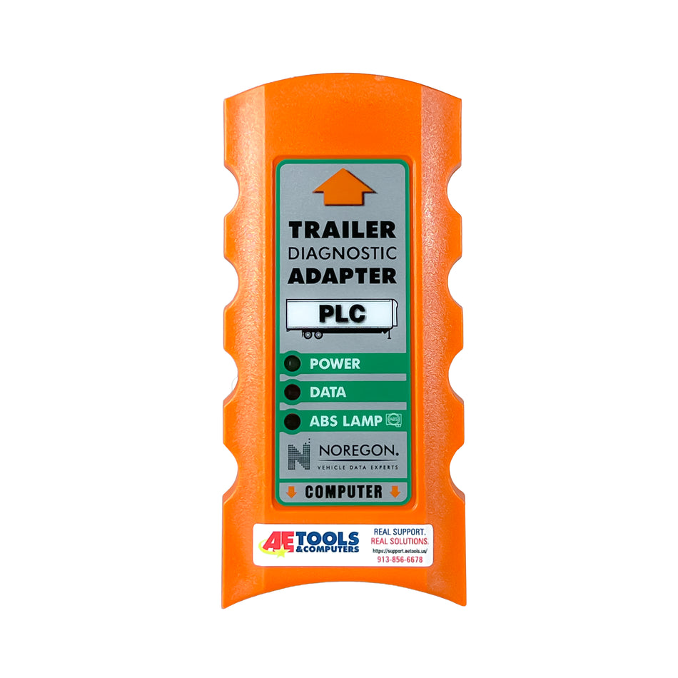 Orange diagnostic adapter with label on a white background. The Trailer Diagnostic Adapter PLC.