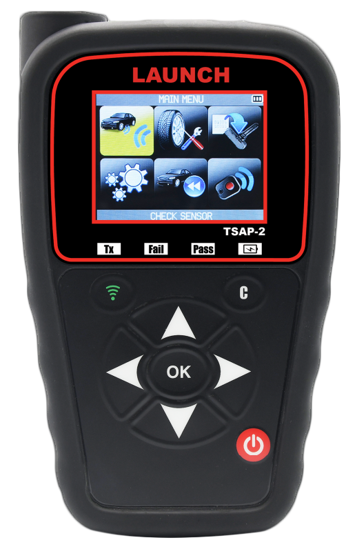 Launch Tech TSP2 scan tool for TPMS diagnostics and sensor programming.
