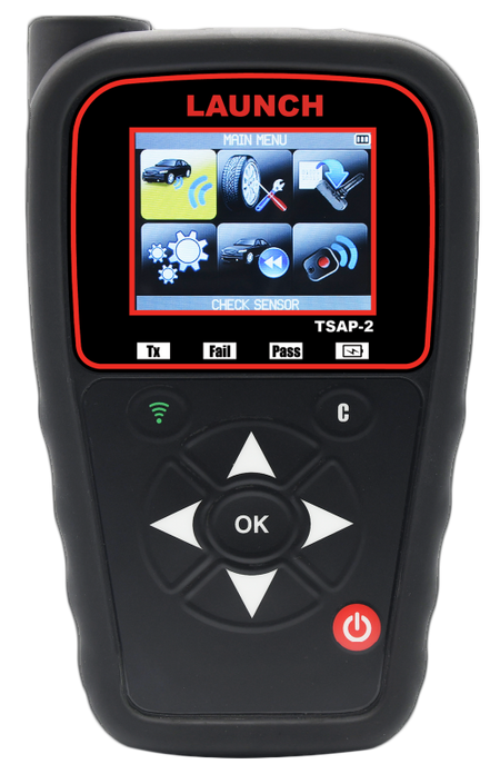 Launch Tech TSP2 scan tool for TPMS diagnostics and sensor programming.