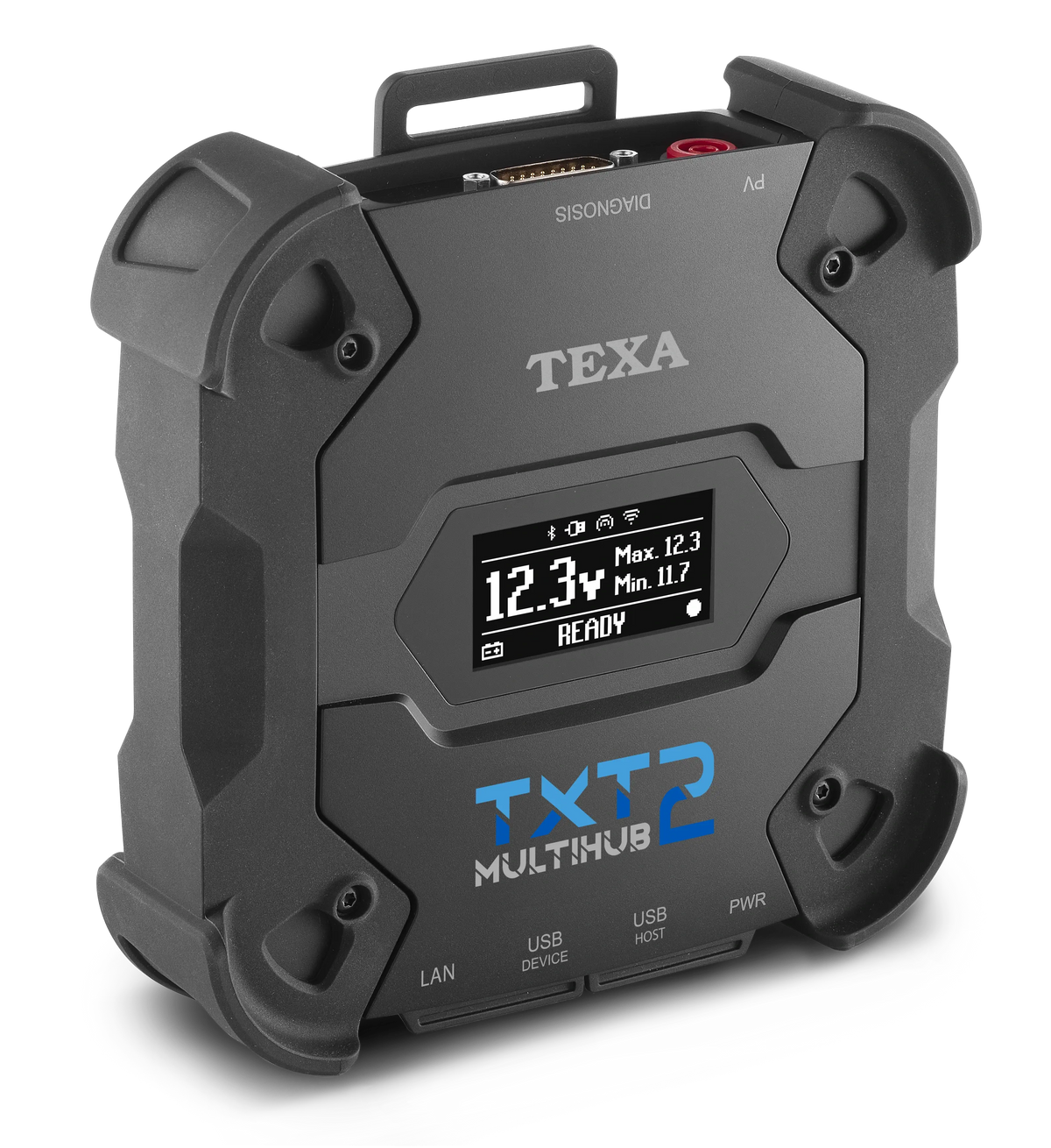 Black multi-device hub with digital display and 'TEXA' branding on a white background facing right.