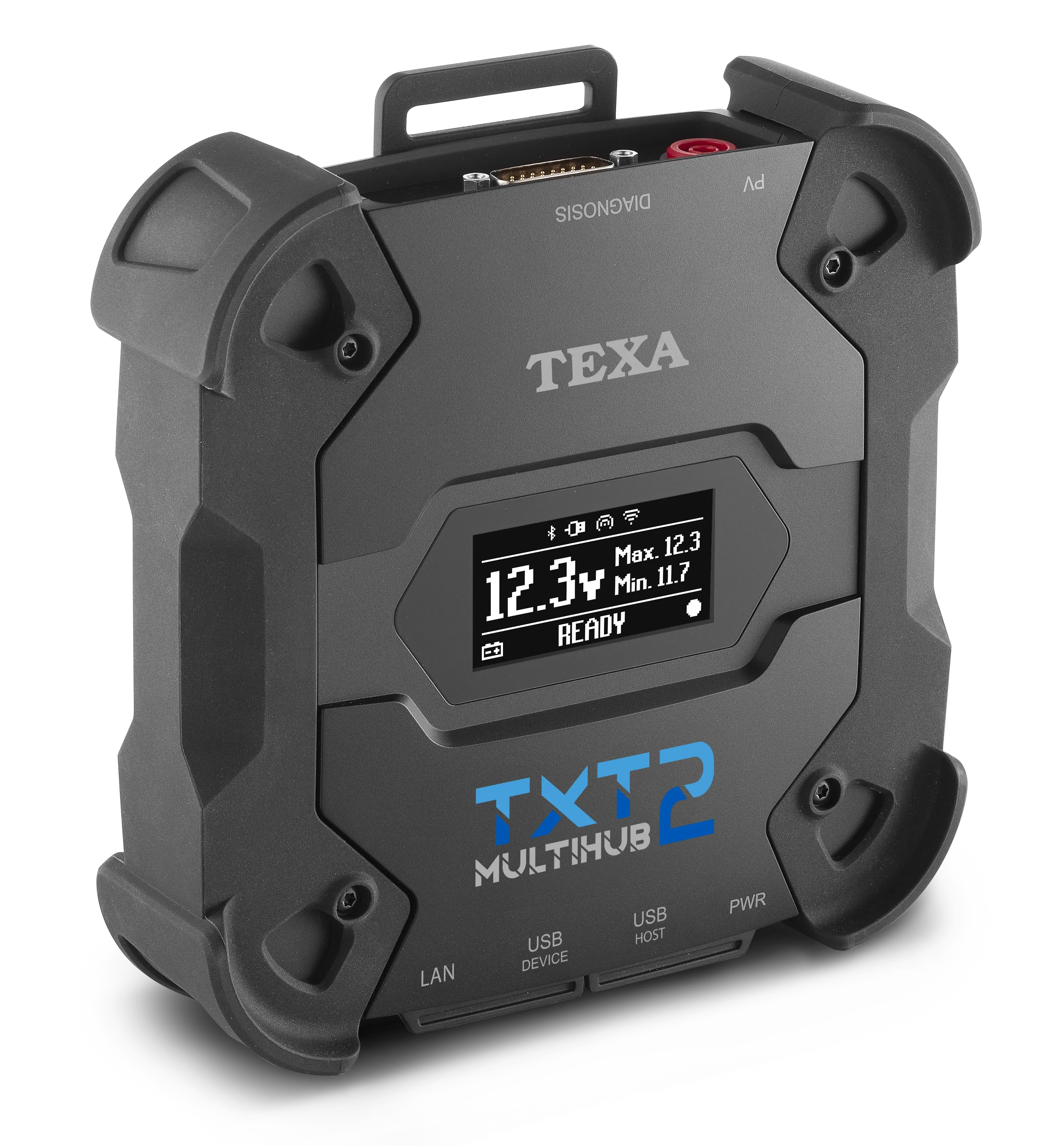 Black multi-device hub with digital display and 'TEXA' branding on a white background facing right.