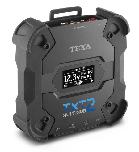 Black multi-device hub with digital display and 'TEXA' branding on a white background facing right.