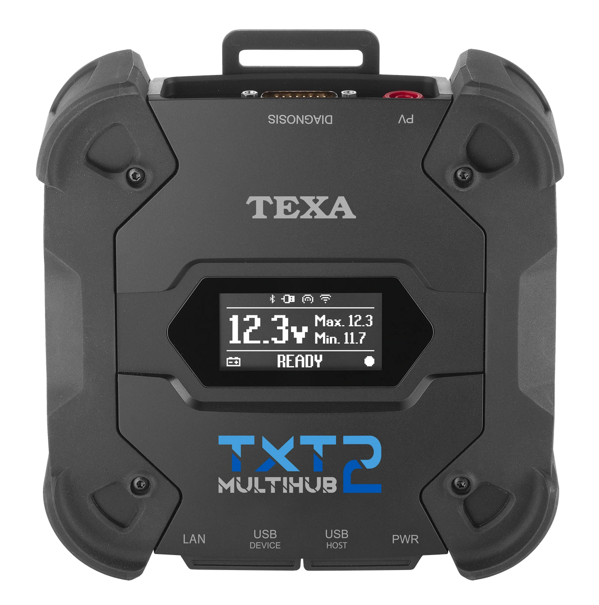 Black multi-device hub with digital display and 'TEXA' branding on a white background