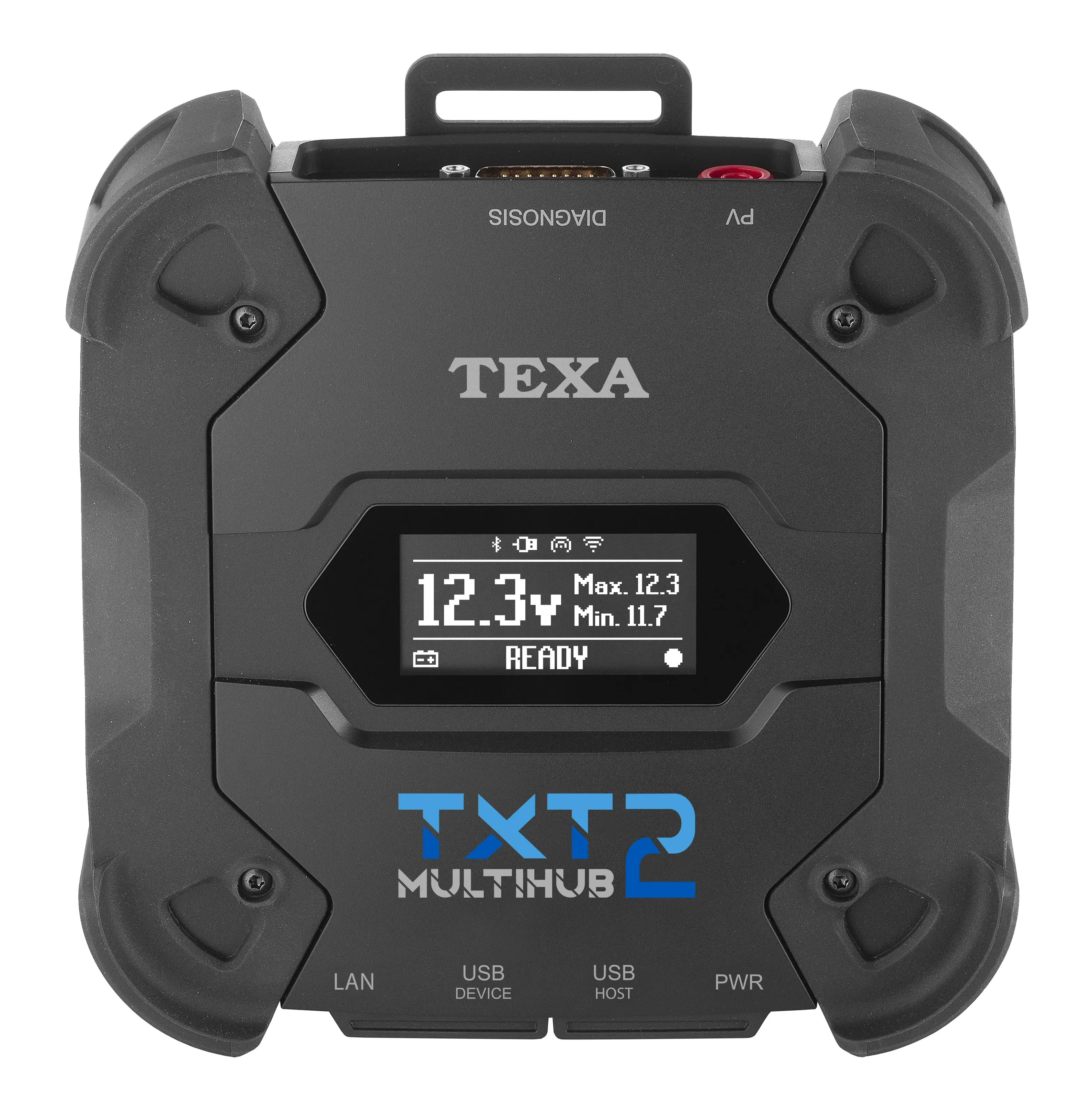 Black multi-device hub with digital display and 'TEXA' branding on a white background