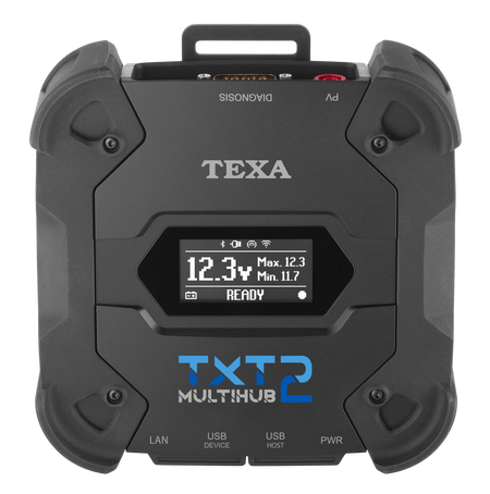 Black multi-device hub with digital display and 'TEXA' branding on a white background